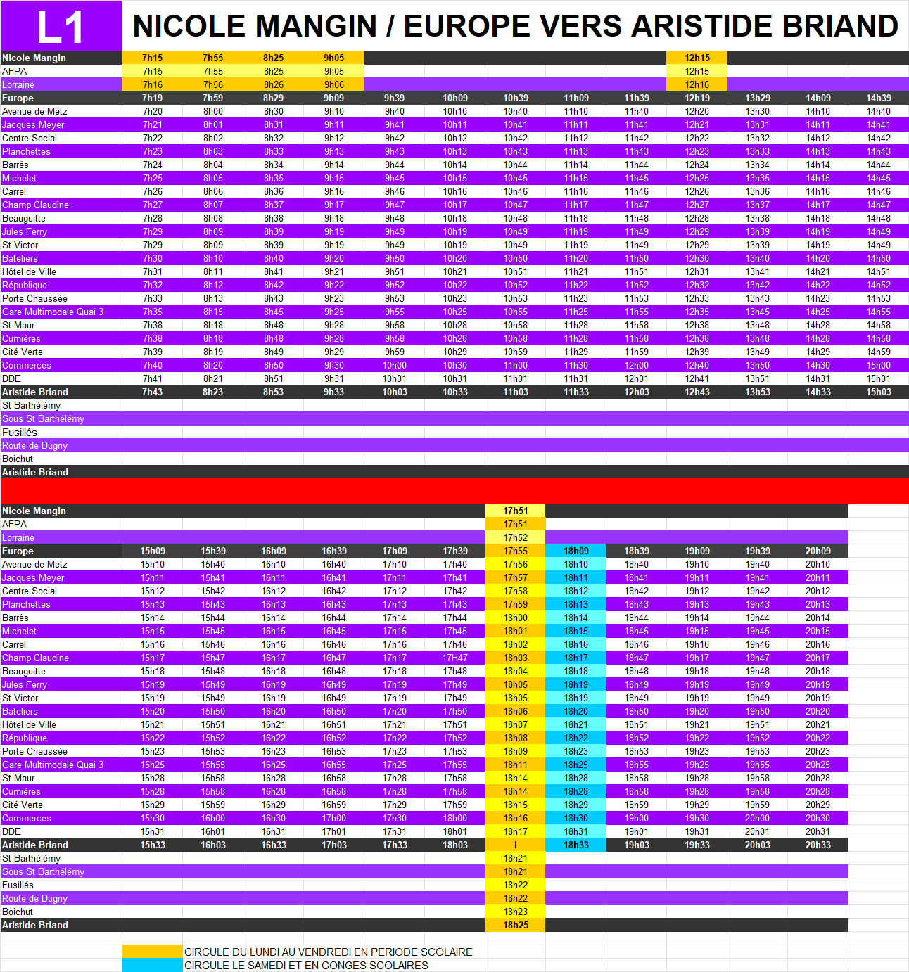Horaires l1 vers glorieux